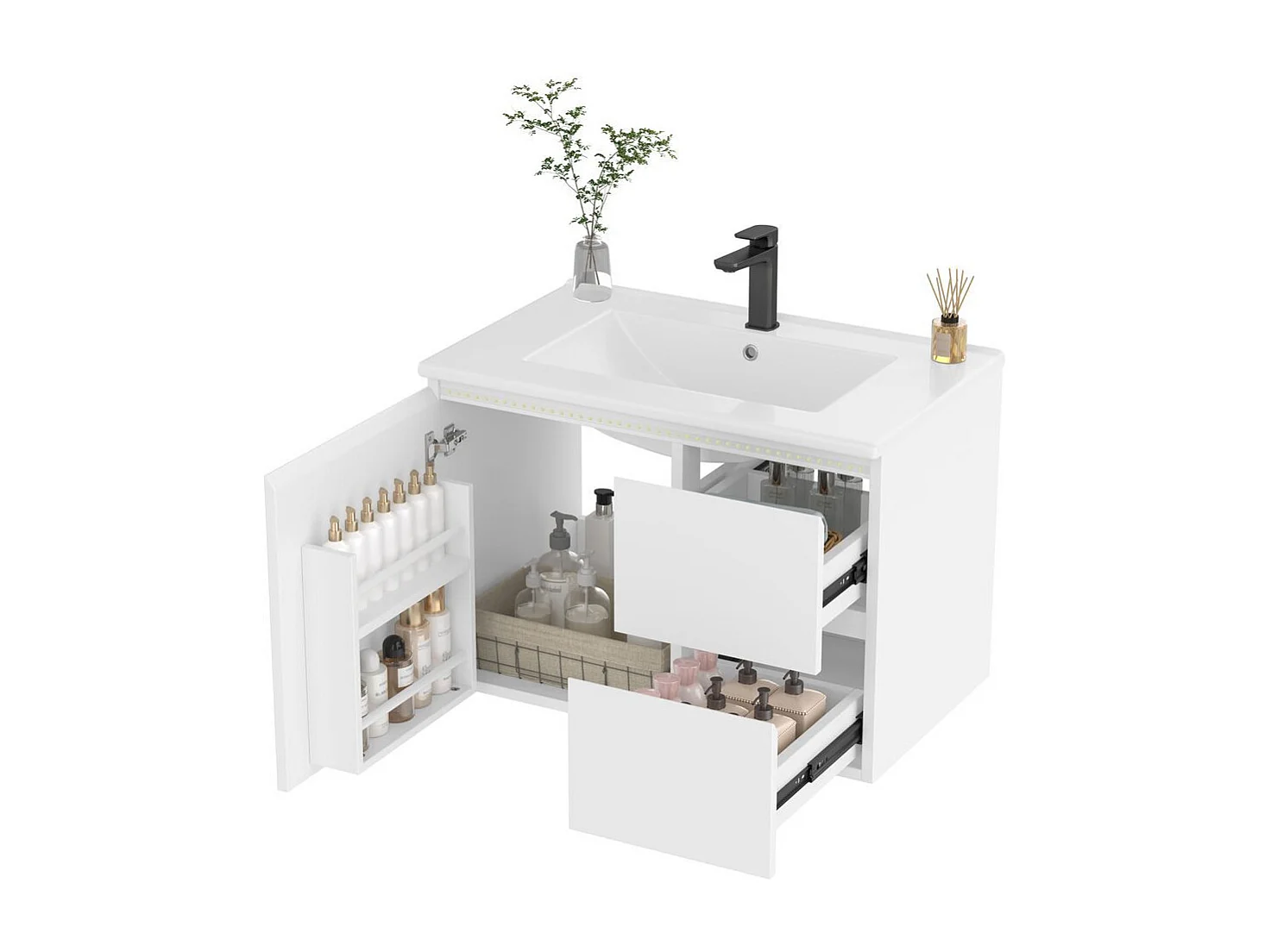 Armoire salle de bain suspendue laquee eclairage LED detection radar plan toilette deux tiroirs silencieux tablettes laterales lavabo integre blanc