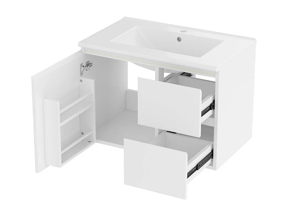 Armoire salle de bain suspendue laquee eclairage LED detection radar plan toilette deux tiroirs silencieux tablettes laterales lavabo integre blanc