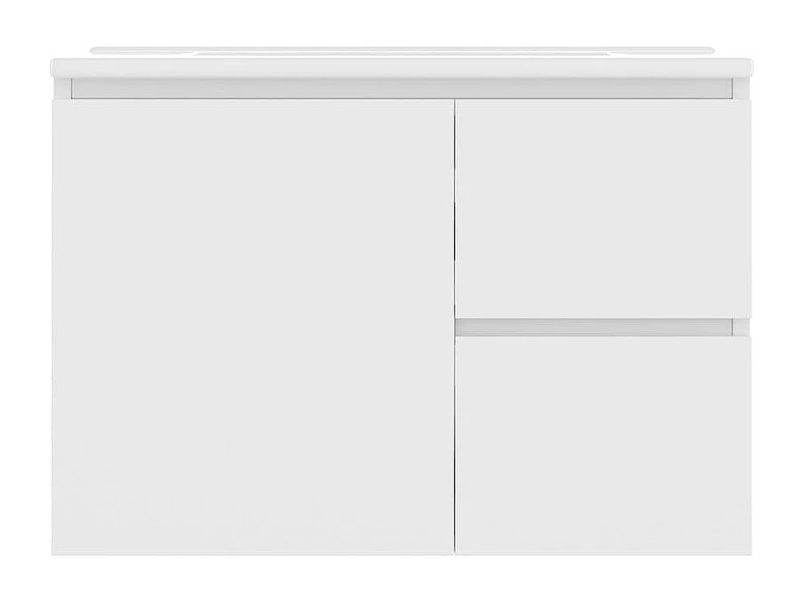 Armoire salle de bain suspendue laquee eclairage LED detection radar plan toilette deux tiroirs silencieux tablettes laterales lavabo integre blanc