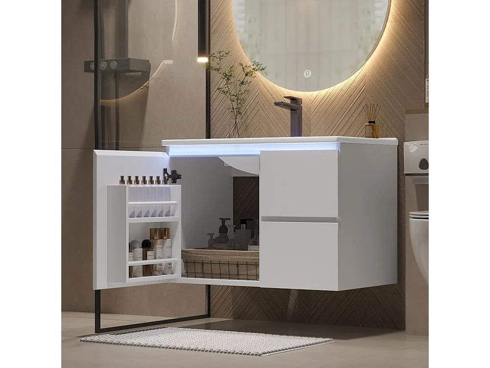 Armoire salle de bain suspendue laquee eclairage LED detection radar plan toilette deux tiroirs silencieux tablettes laterales lavabo integre blanc