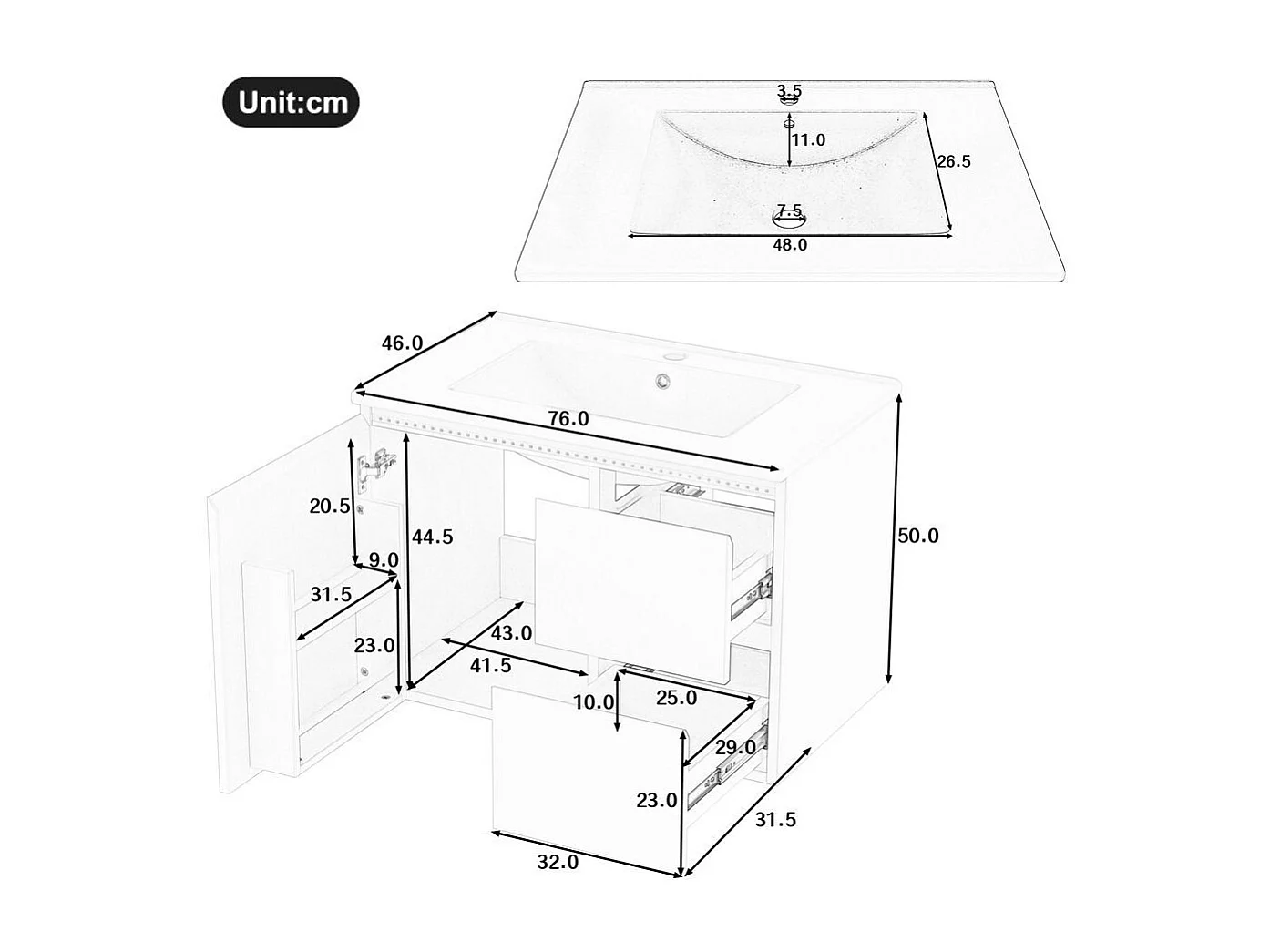 Armoire salle de bain suspendue laquee eclairage LED detection radar plan toilette deux tiroirs silencieux tablettes laterales lavabo integre blanc