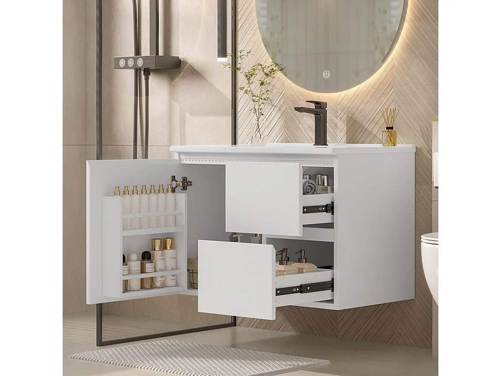 Armoire salle de bain suspendue laquee eclairage LED detection radar plan toilette deux tiroirs silencieux tablettes laterales lavabo integre blanc