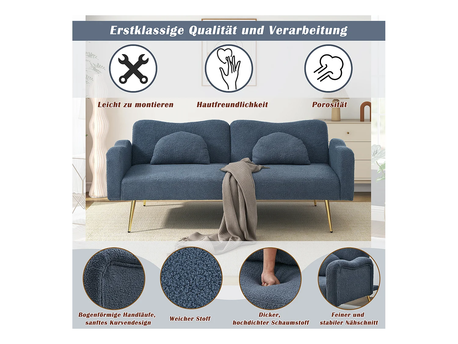 Moderne 2-zits slaapbank, verstelbare rugleuning, gouden poten, grijsblauwe wolmix stof (175x79x82cm)