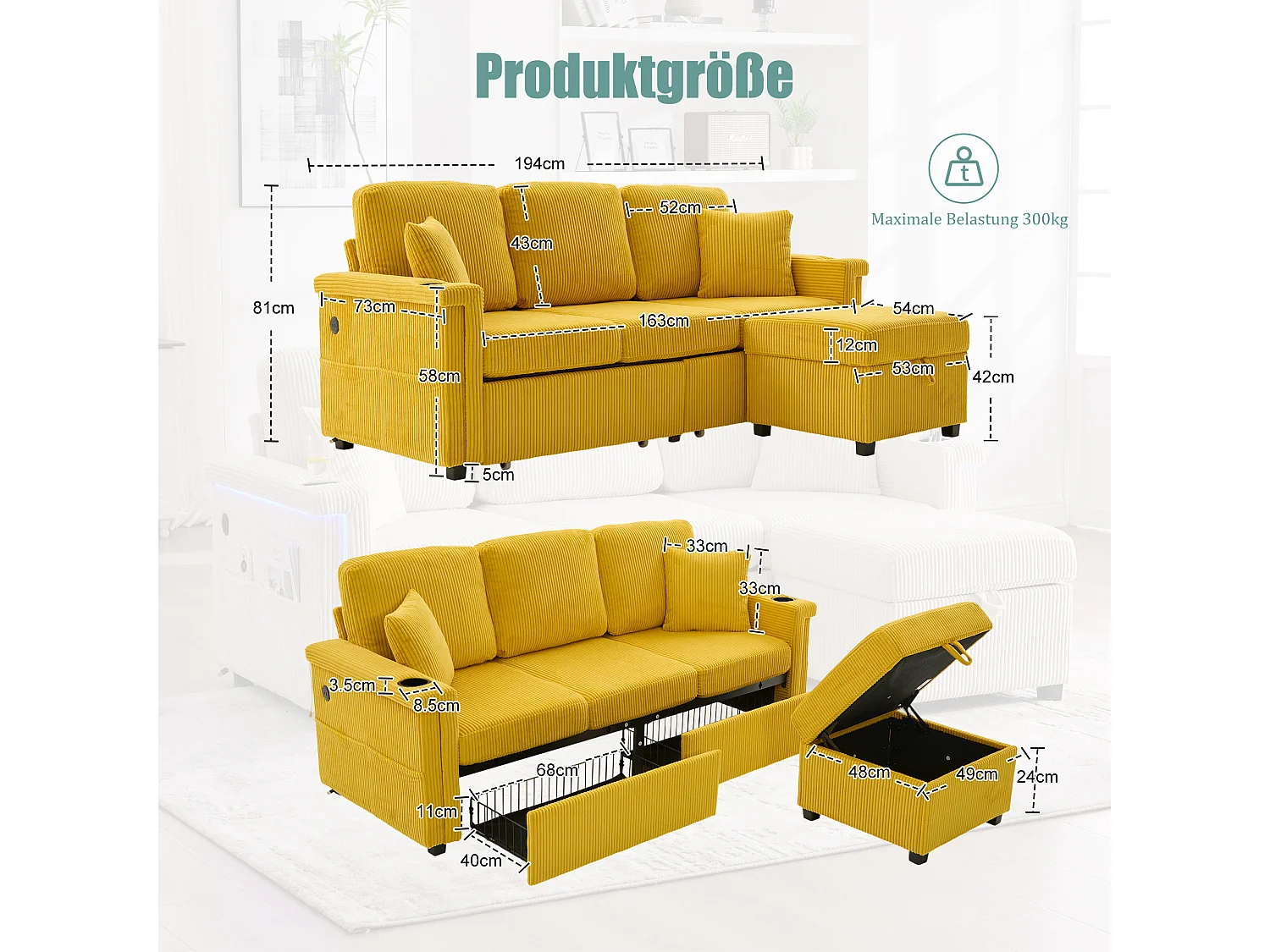 Canapé velours premium avec éclairage LED, ports USB-C, repose-pieds rangement et accoudoirs pratiques, jaune moutarde (194x73x81cm)