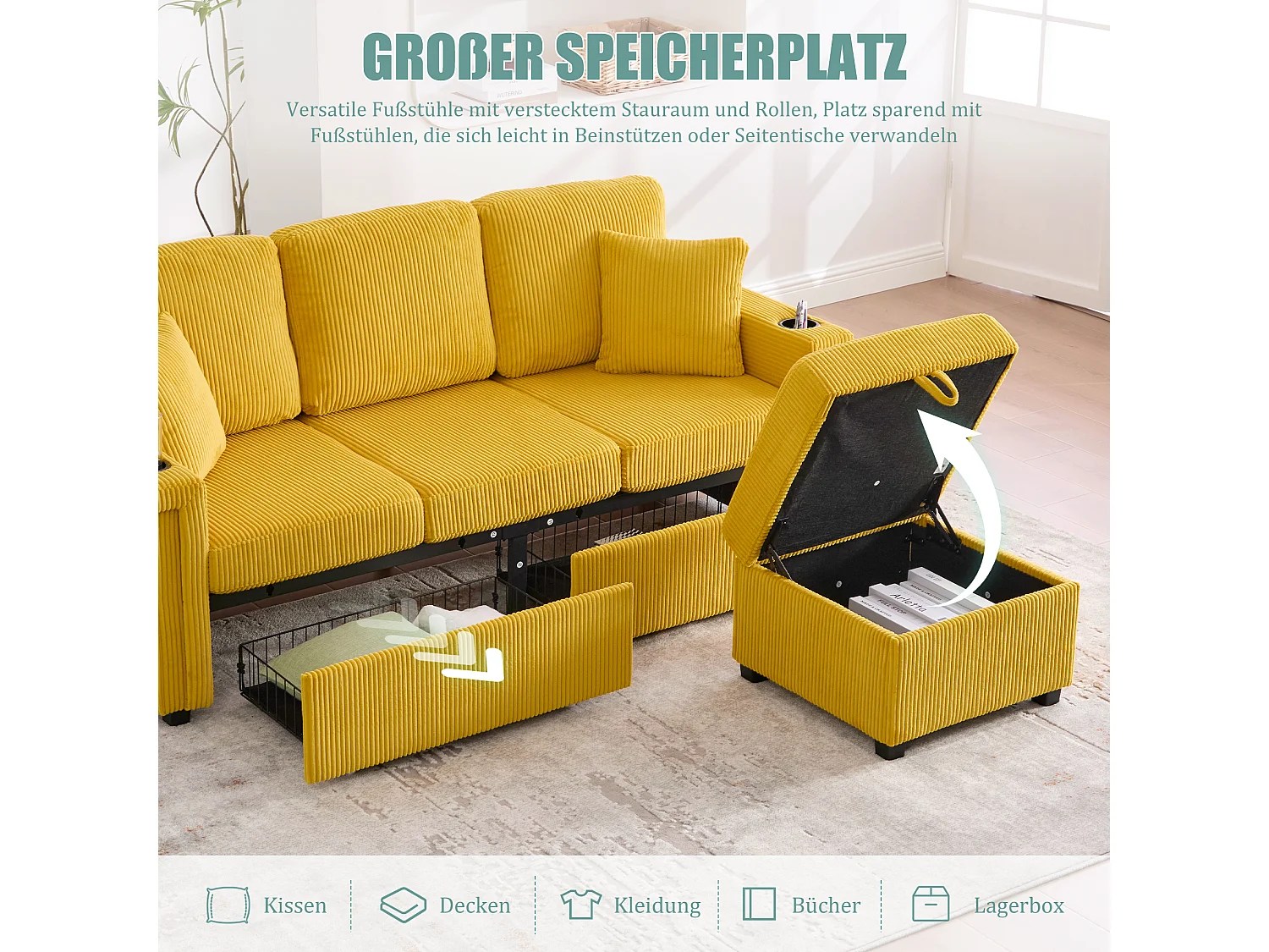 Canapé velours premium avec éclairage LED, ports USB-C, repose-pieds rangement et accoudoirs pratiques, jaune moutarde (194x73x81cm)