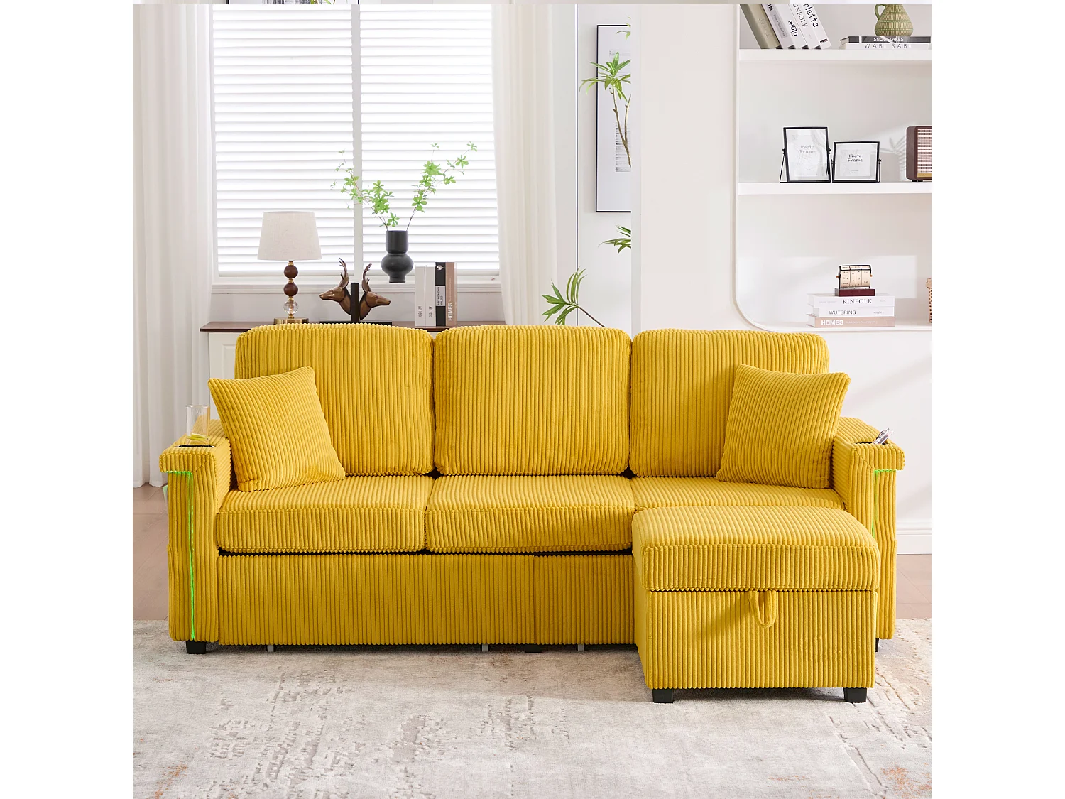 Canapé velours premium avec éclairage LED, ports USB-C, repose-pieds rangement et accoudoirs pratiques, jaune moutarde (194x73x81cm)