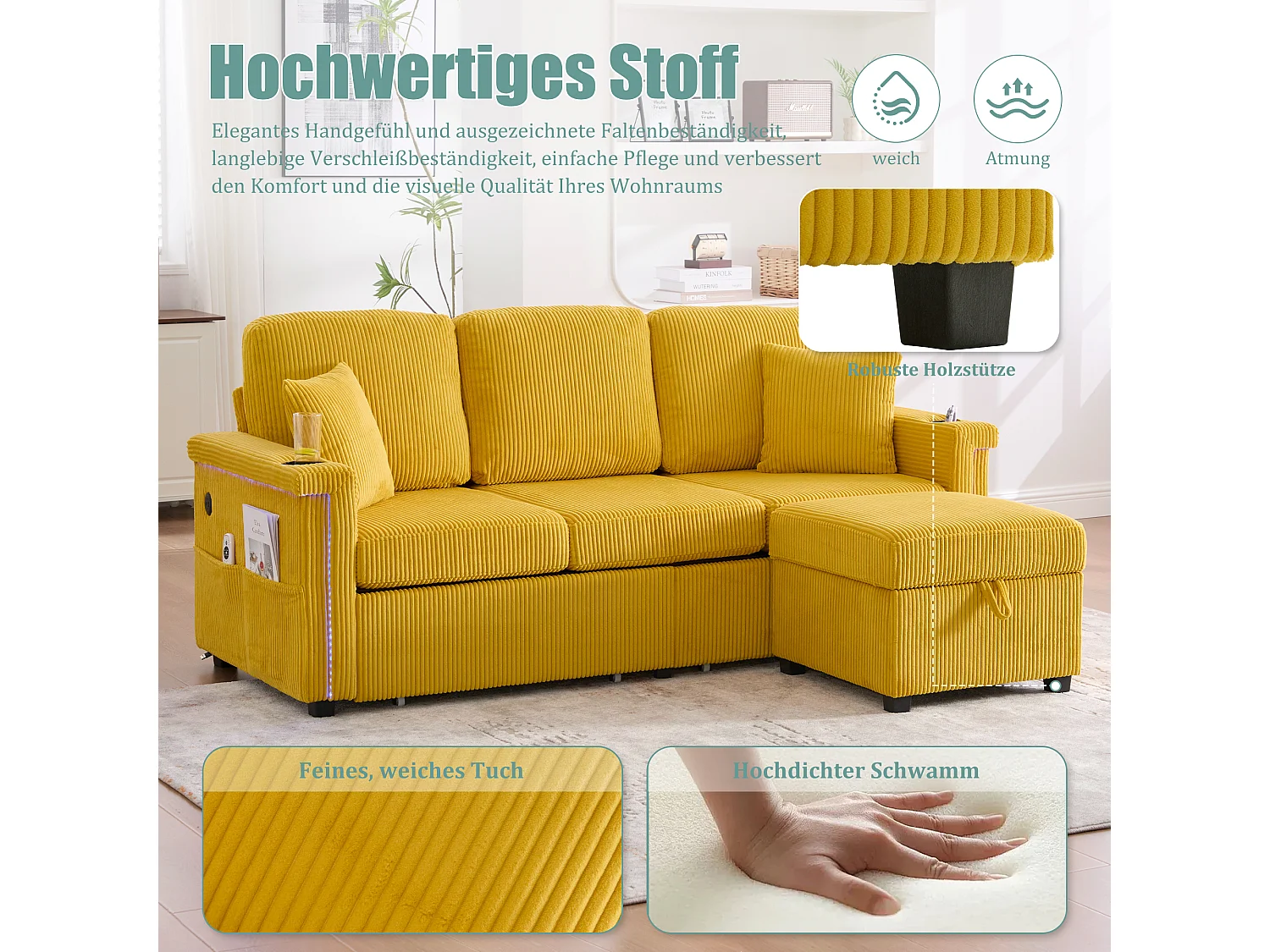 Canapé velours premium avec éclairage LED, ports USB-C, repose-pieds rangement et accoudoirs pratiques, jaune moutarde (194x73x81cm)