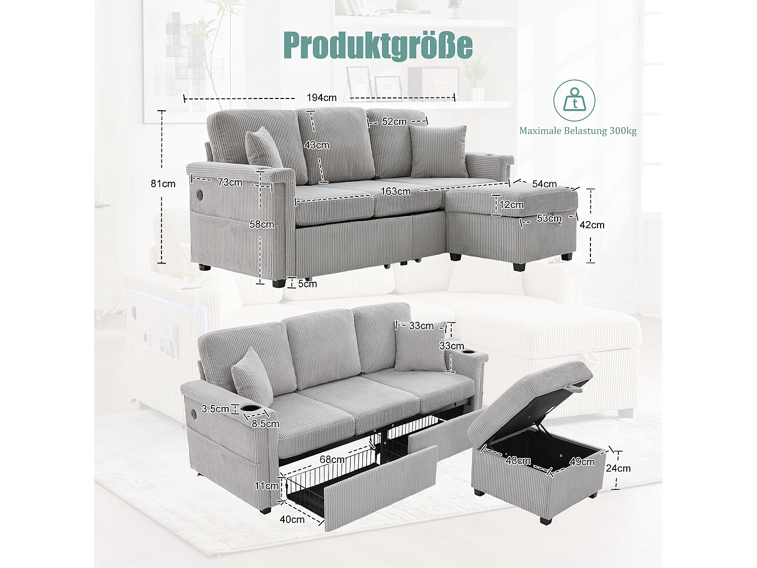 Canapé velours premium avec éclairage LED, ports USB-C, rangement intégré et repose-pieds, gris clair (194x73x81 cm)