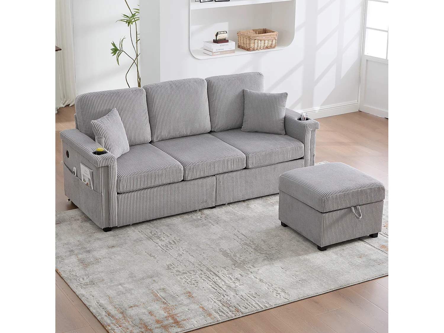 Canapé velours premium avec éclairage LED, ports USB-C, rangement intégré et repose-pieds, gris clair (194x73x81 cm)