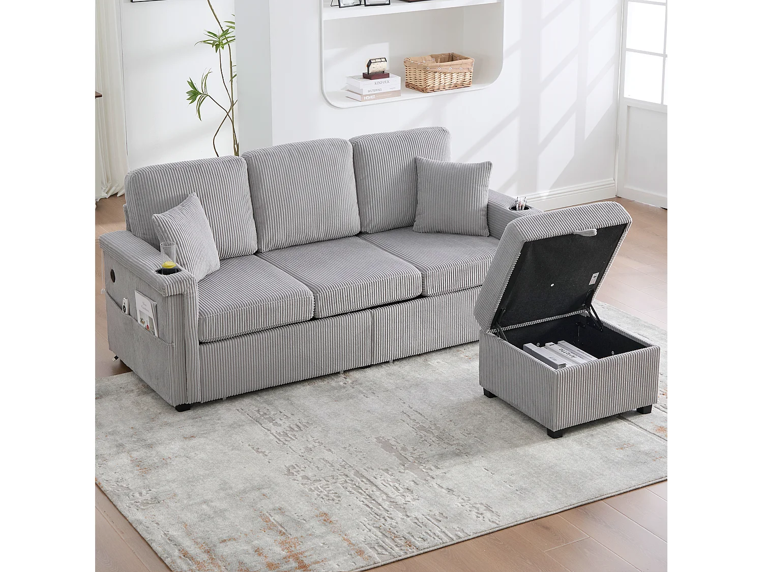 Canapé velours premium avec éclairage LED, ports USB-C, rangement intégré et repose-pieds, gris clair (194x73x81 cm)