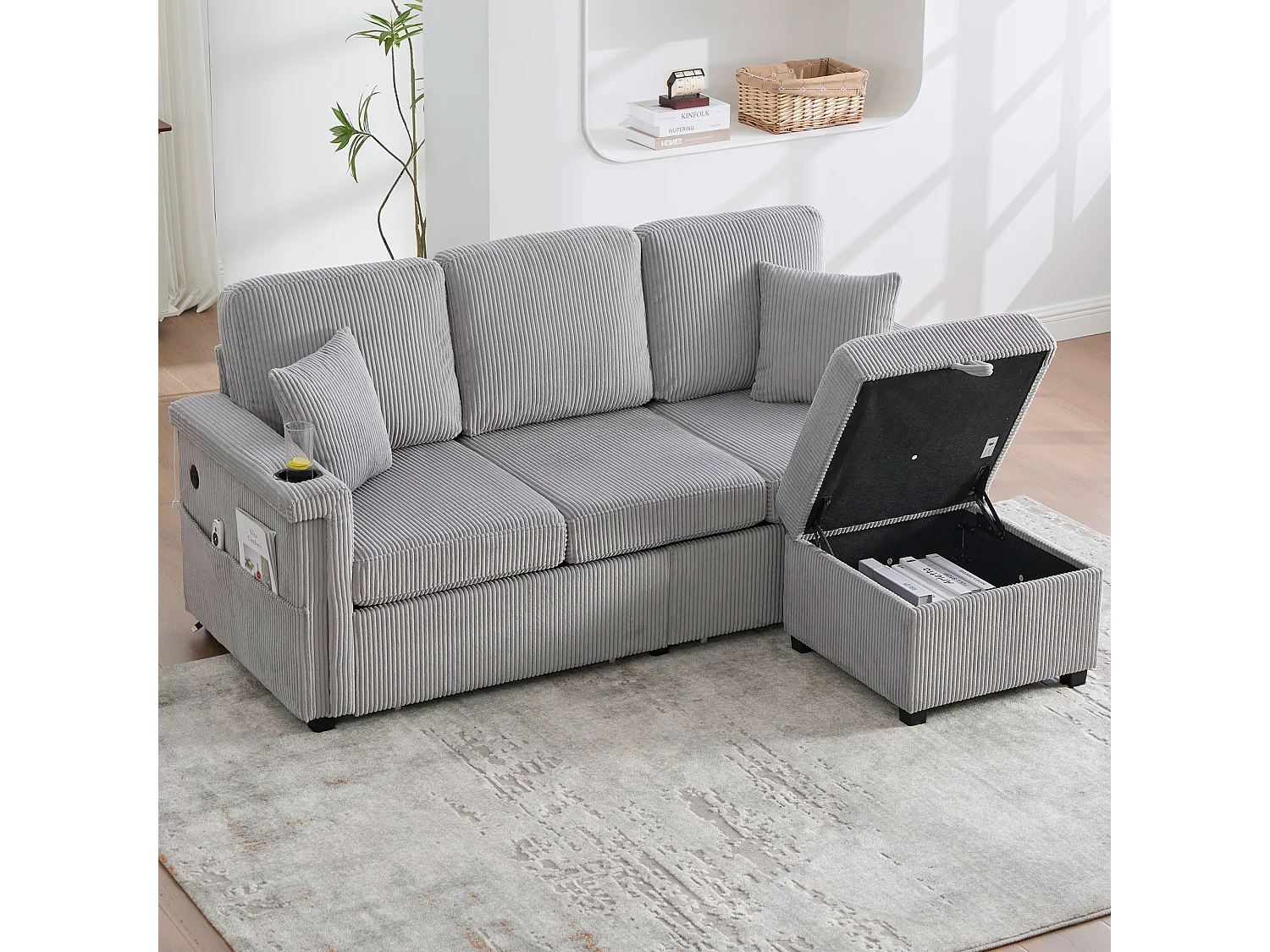 Canapé velours premium avec éclairage LED, ports USB-C, rangement intégré et repose-pieds, gris clair (194x73x81 cm)