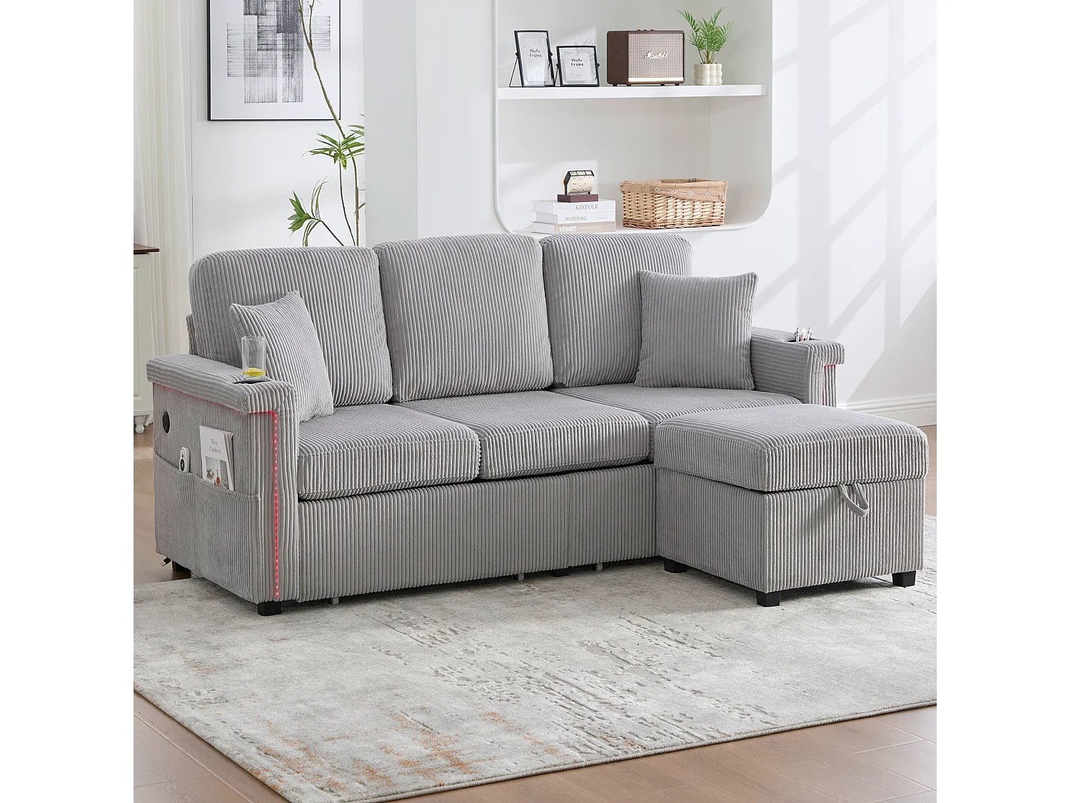 Canapé velours premium avec éclairage LED, ports USB-C, rangement intégré et repose-pieds, gris clair (194x73x81 cm)