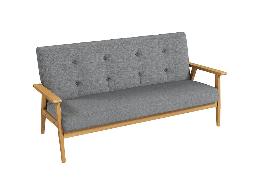 Canapé 3 places en lin, design moderne, bois d'hévéa, gris foncé (154.5x69.5x73cm)