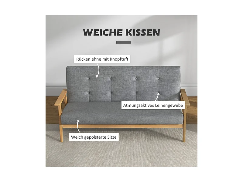 Canapé 3 places en lin, design moderne, bois d'hévéa, gris foncé (154.5x69.5x73cm)