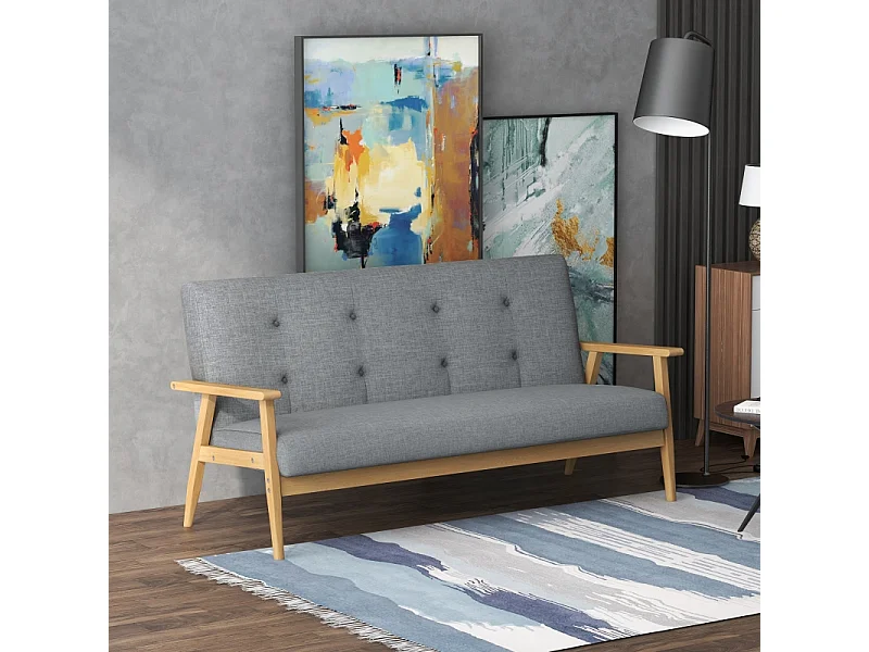 Canapé 3 places en lin, design moderne, bois d'hévéa, gris foncé (154.5x69.5x73cm)