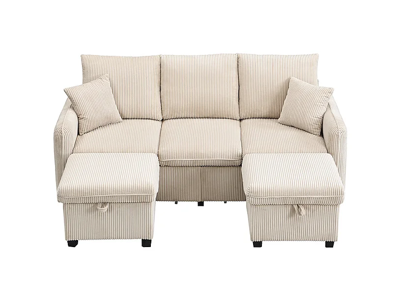 Divano angolare multifunzionale a 3 posti in tessuto corda, con contenitore integrato e poggiapiedi modulare, beige (188x186x86 cm)