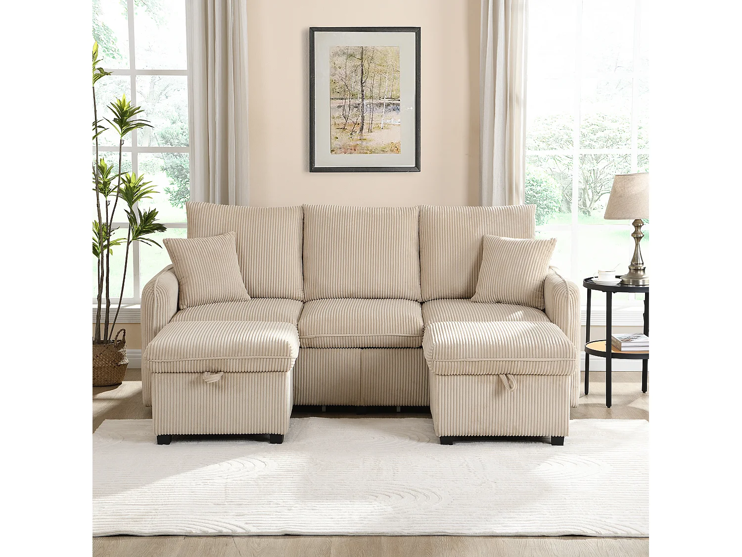 Canapé d'angle multifonction 3 places en tissu corde, avec rangement intégré et repose-pieds modulable, beige (188x186x86 cm)