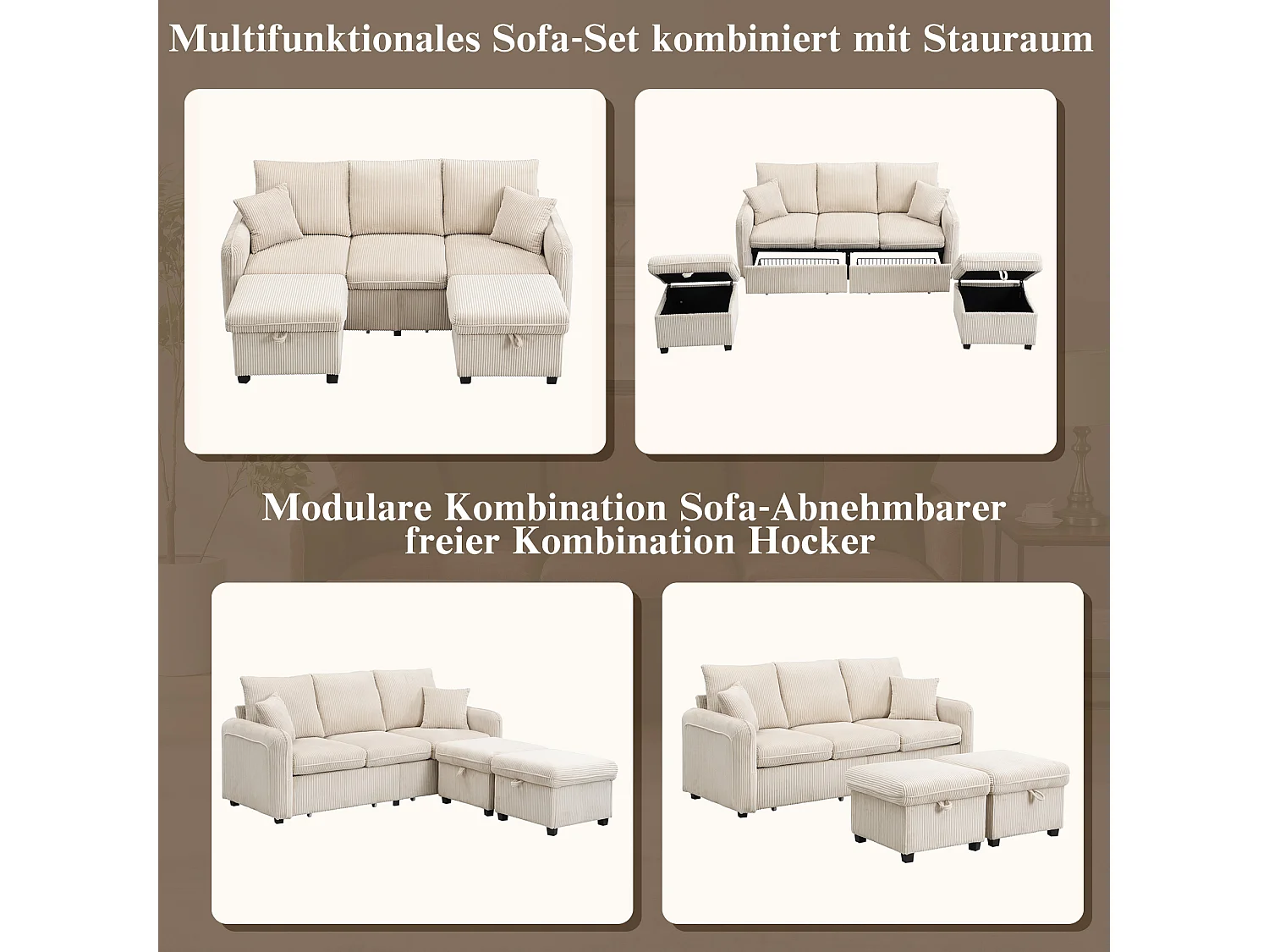 Canapé d'angle multifonction 3 places en tissu corde, avec rangement intégré et repose-pieds modulable, beige (188x186x86 cm)