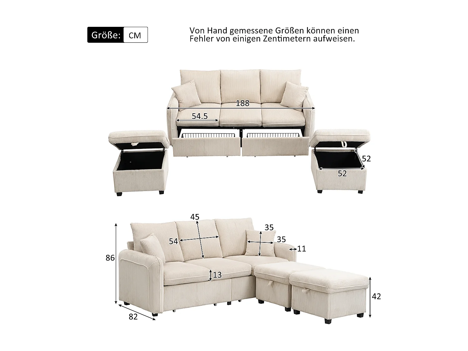 Canapé d'angle multifonction 3 places en tissu corde, avec rangement intégré et repose-pieds modulable, beige (188x186x86 cm)