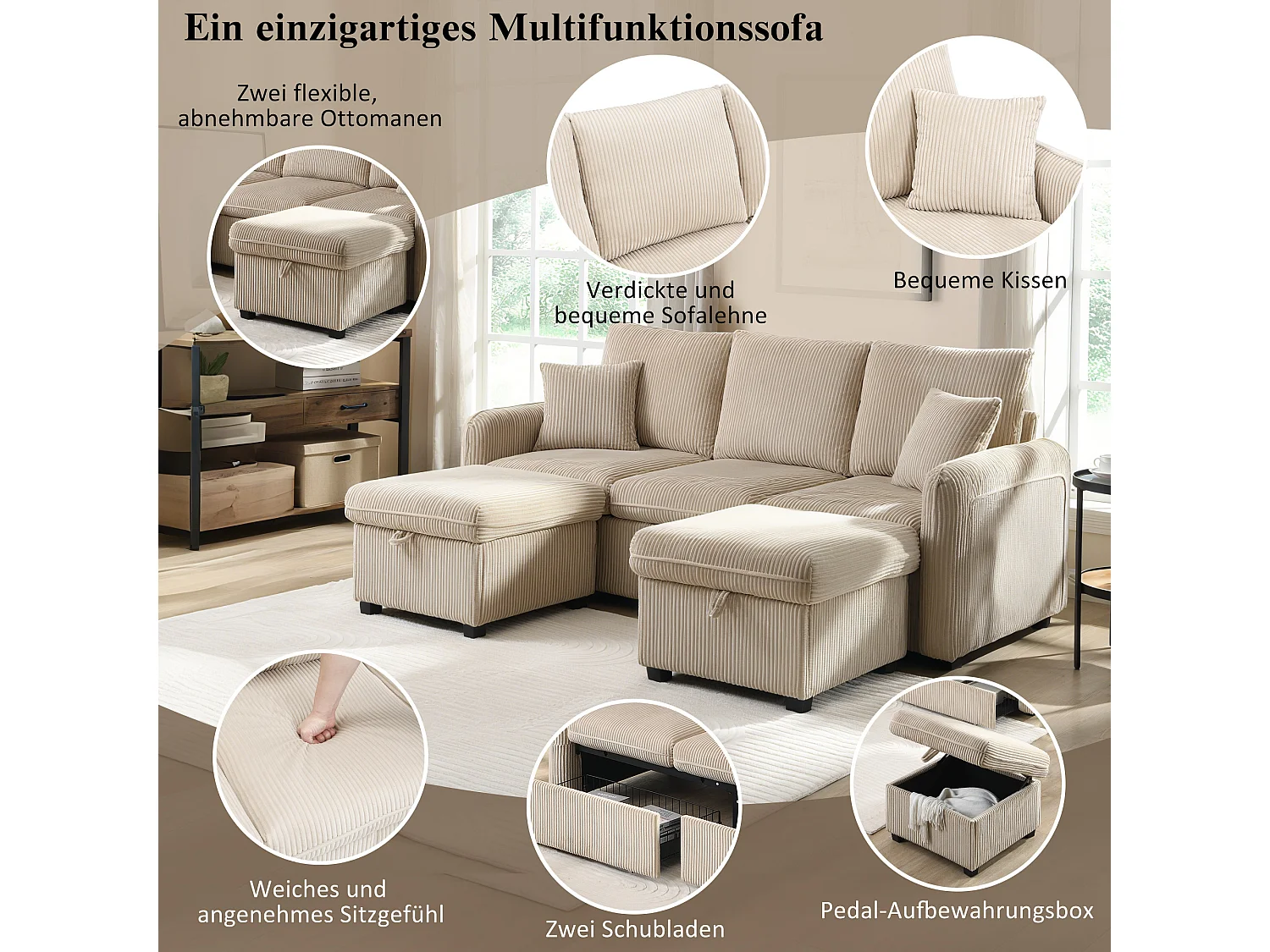 Canapé d'angle multifonction 3 places en tissu corde, avec rangement intégré et repose-pieds modulable, beige (188x186x86 cm)