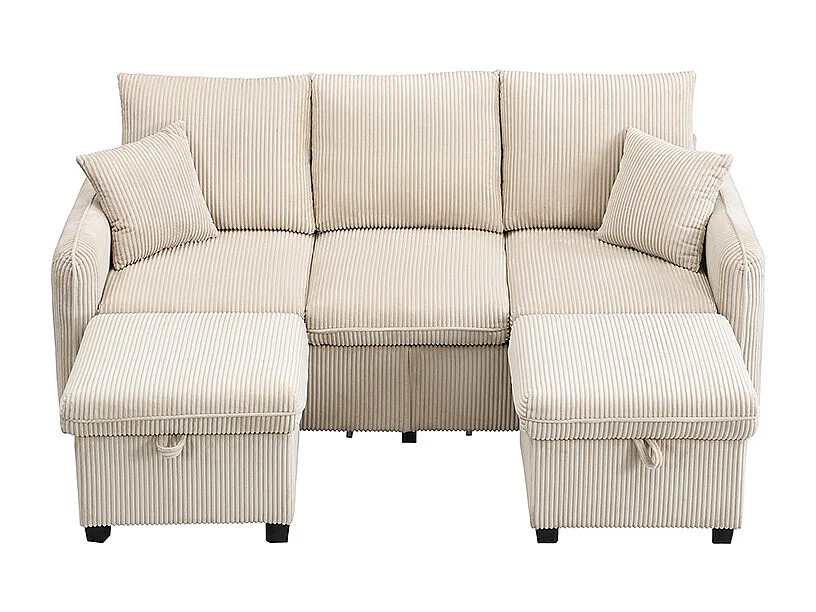 Canapé d'angle multifonction 3 places en tissu corde, avec rangement intégré et repose-pieds modulable, beige (188x186x86 cm)