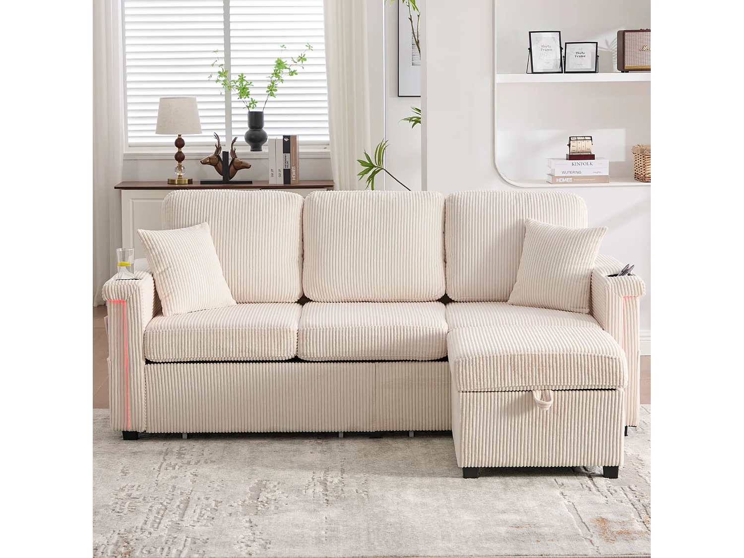 Canapé velours premium avec éclairage LED, ports USB-C, rangement intégré et accoudoirs pratiques, velours, beige (194x73x81cm)