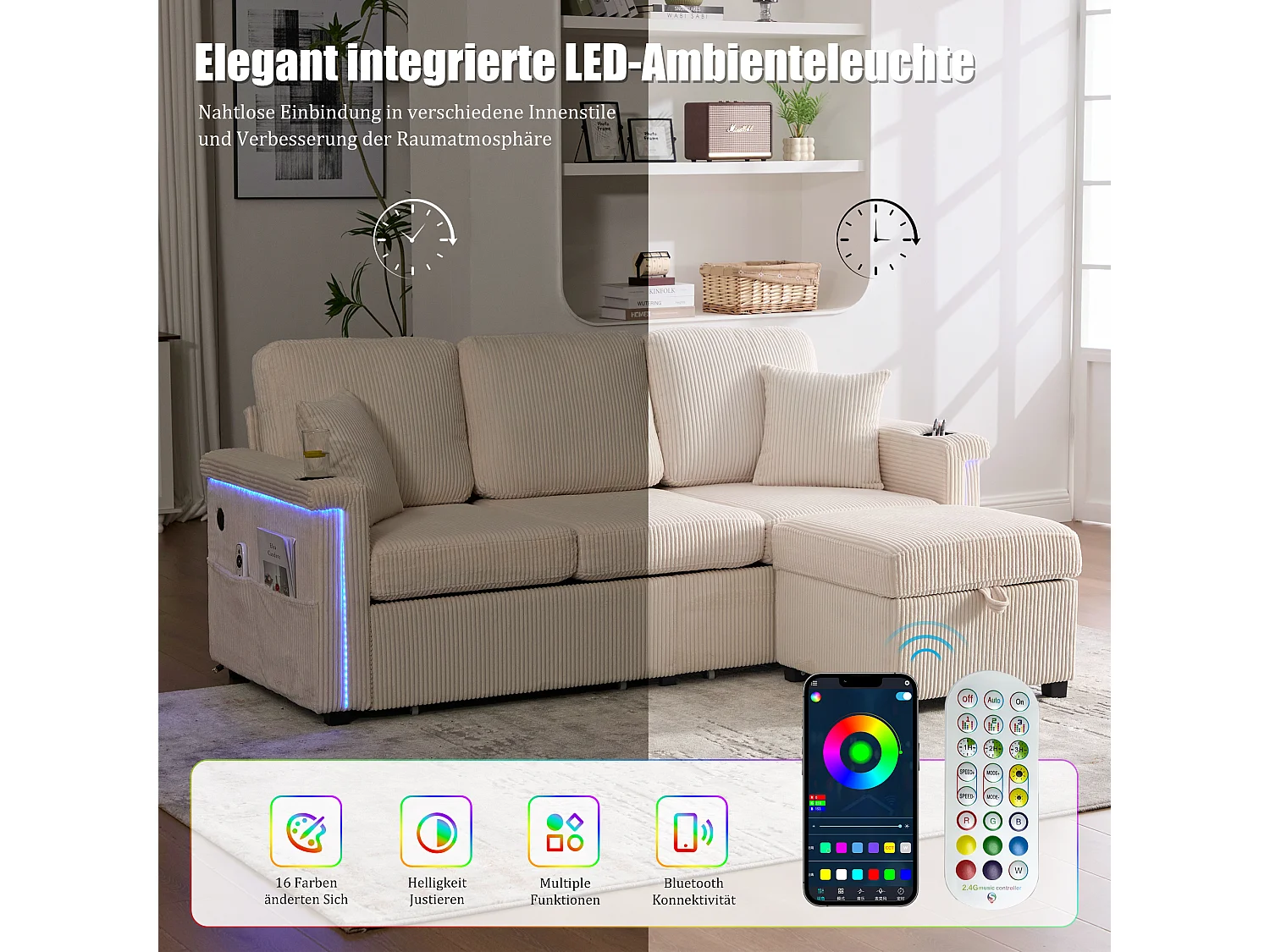 Canapé velours premium avec éclairage LED, ports USB-C, rangement intégré et accoudoirs pratiques, velours, beige (194x73x81cm)
