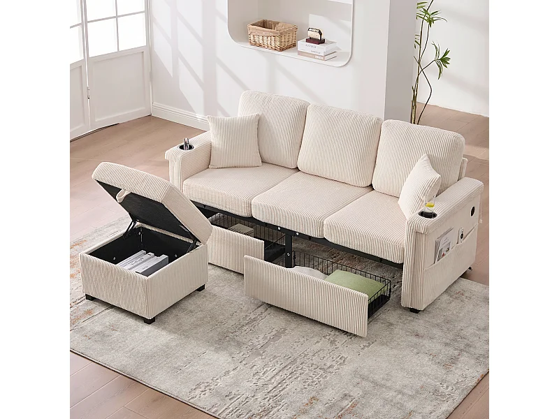 Canapé velours premium avec éclairage LED, ports USB-C, rangement intégré et accoudoirs pratiques, velours, beige (194x73x81cm)