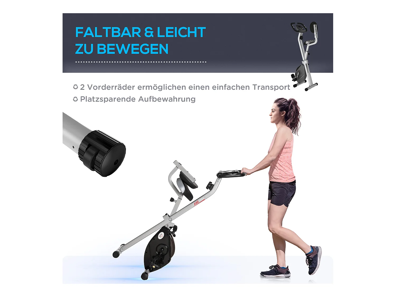 Vélo d'appartement pliable avec résistance magnétique 8 niveaux, siège réglable, cadre en acier, noir-gris (43x97x109cm)