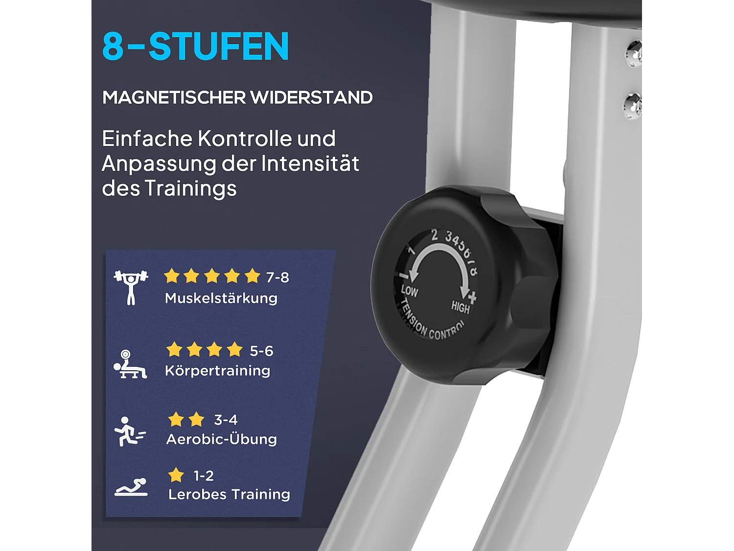 Opvouwbare hometrainer met 8 magnetische weerstandsniveaus, verstelbare zitting, stalen frame, zwart-grijs (43x97x109cm)