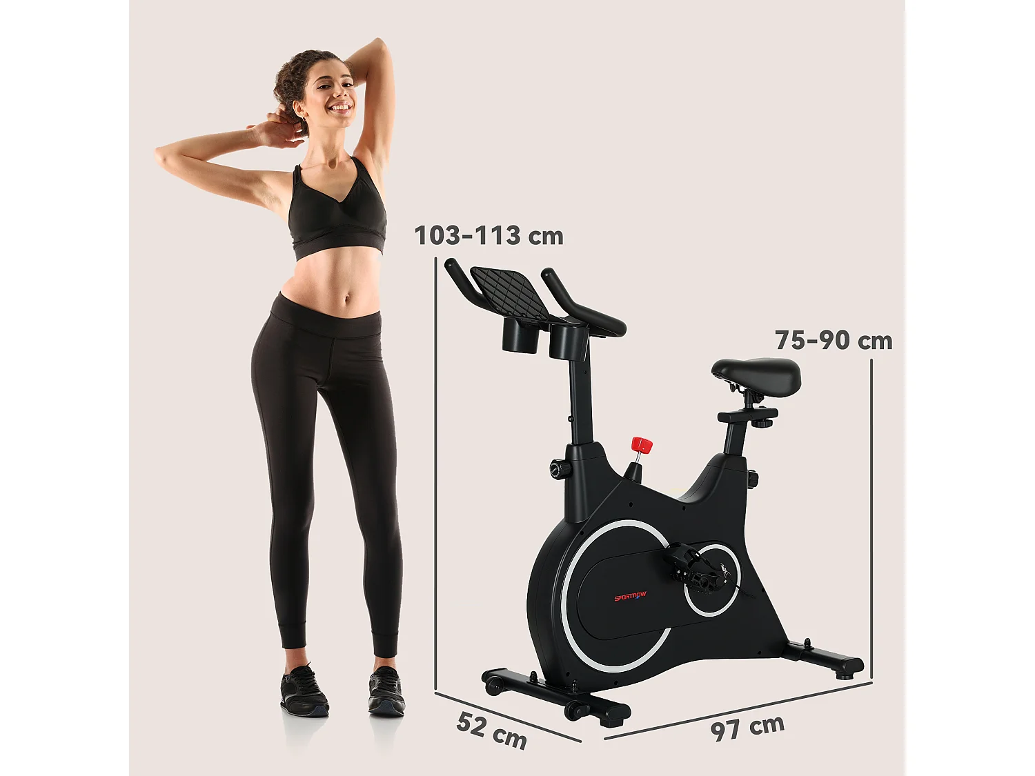 Vélo d'appartement allongé avec résistance magnétique, acier, noir, écran LCD, siège réglable (97x52x113cm)