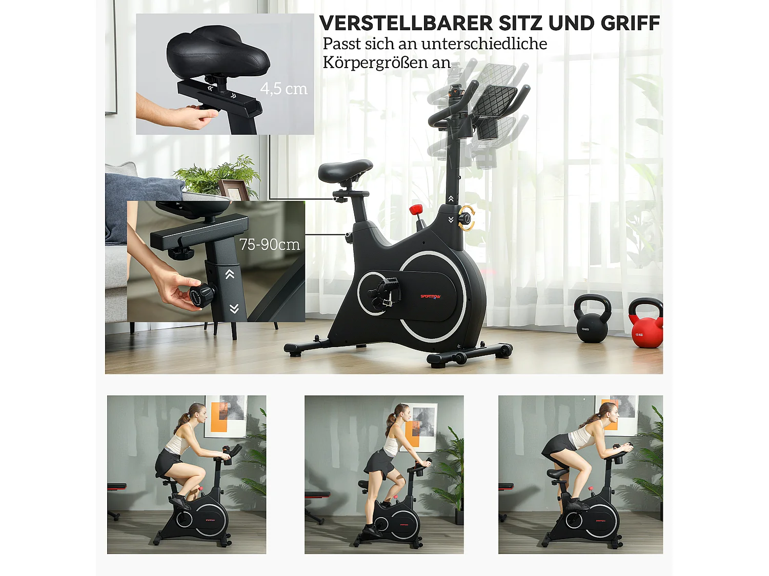 Vélo d'appartement allongé avec résistance magnétique, acier, noir, écran LCD, siège réglable (97x52x113cm)