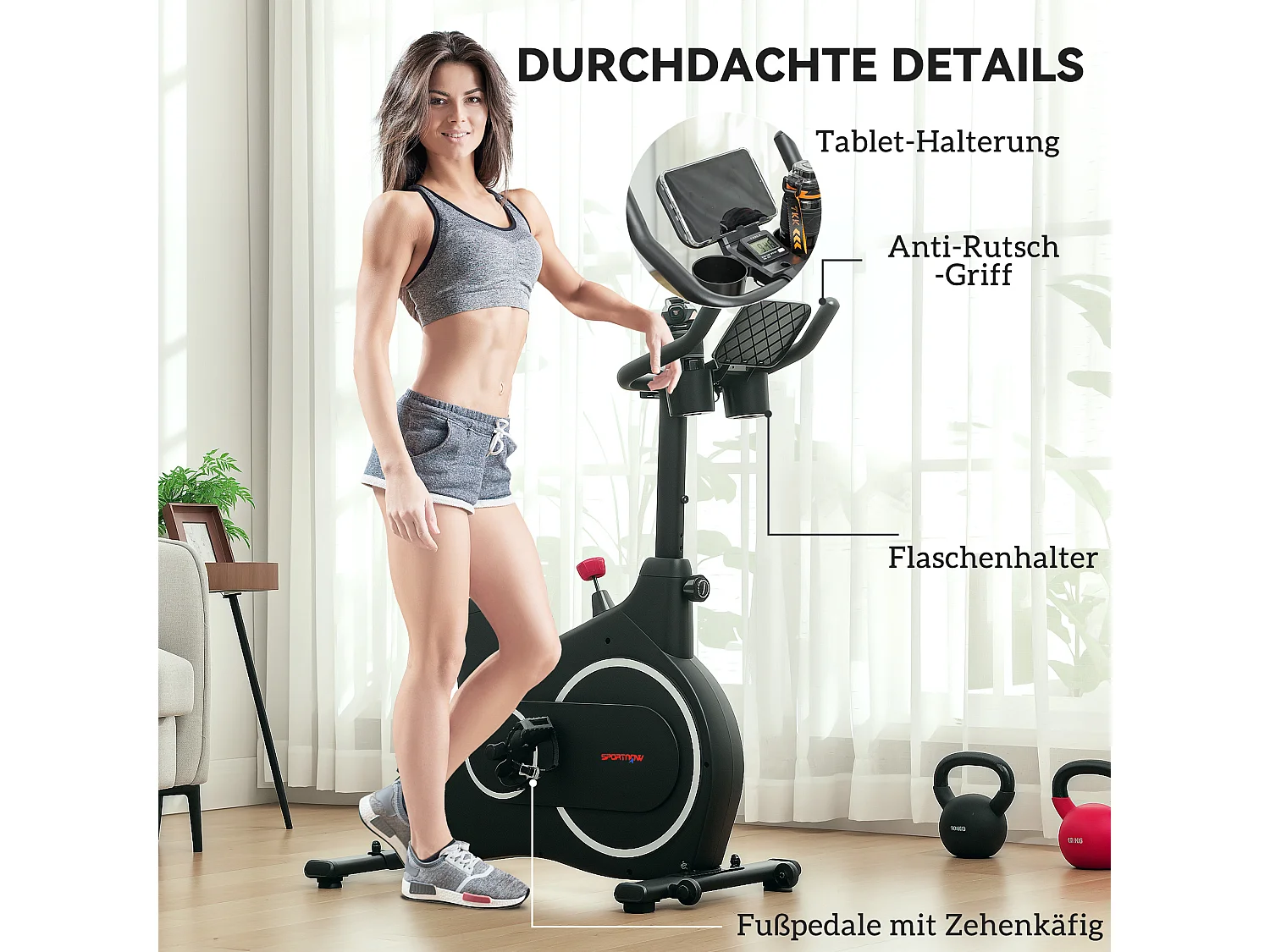 Vélo d'appartement allongé avec résistance magnétique, acier, noir, écran LCD, siège réglable (97x52x113cm)