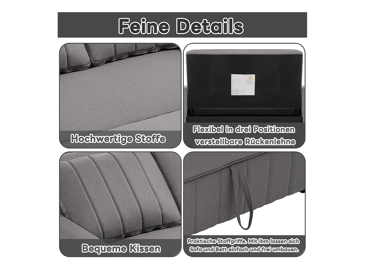 Divano letto trasformabile multifunzionale, design compatto, in schiuma e tessuto di lino e cotone, grigio antico (127x75x94cm)