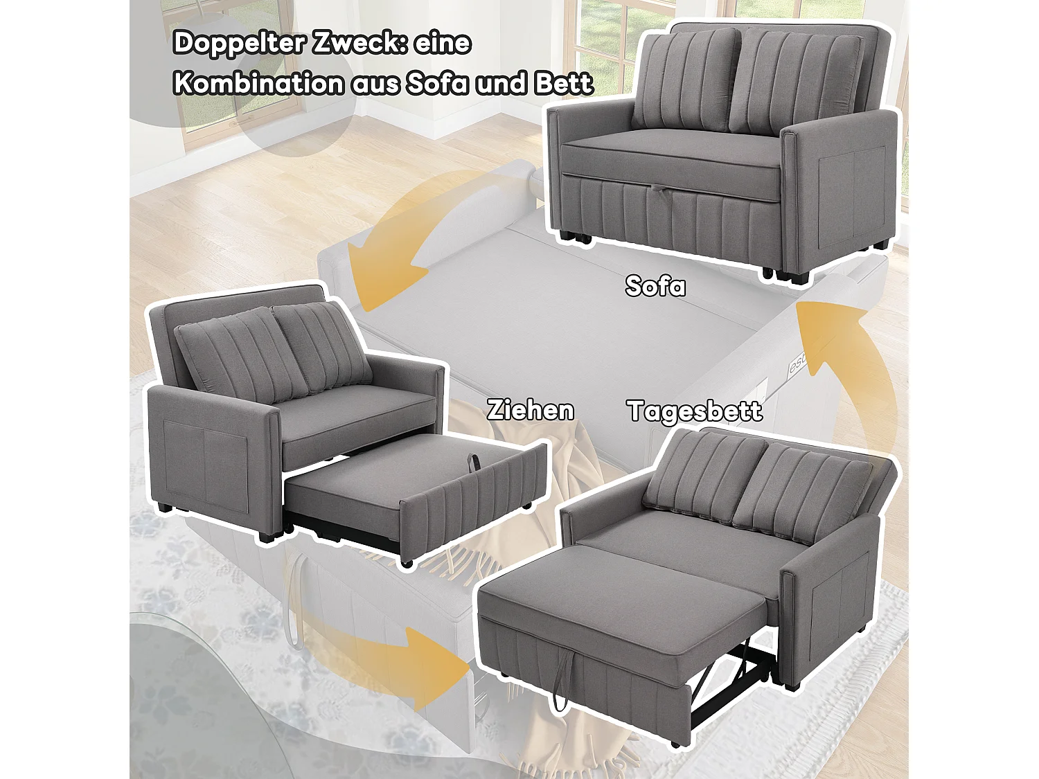 Multifunctionele slaapbank, compact design, schuim en linnen-katoenen stof, antiekgrijs (127x75x94cm)