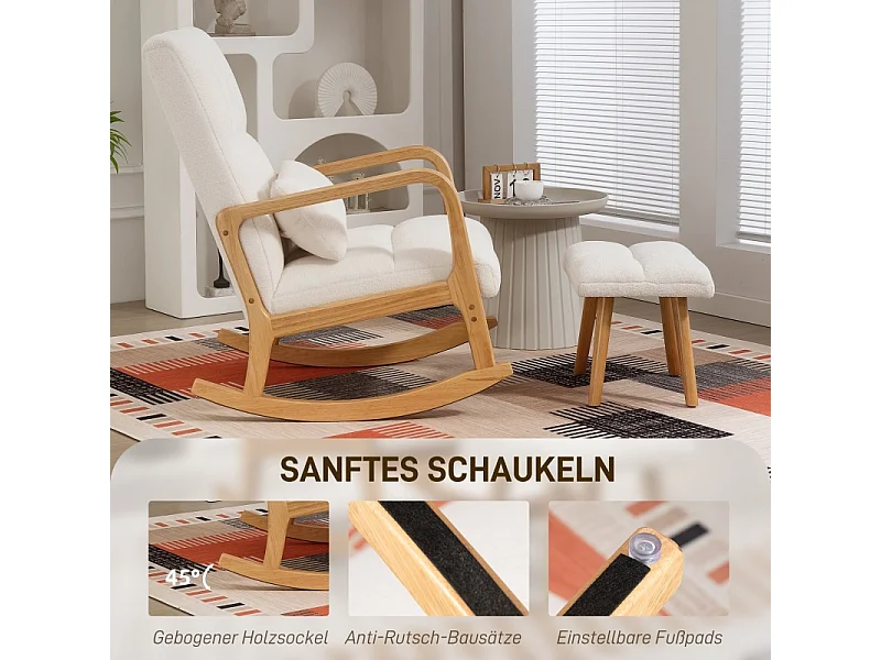 Schommelstoel met voetenbankje, bekleed met zacht fluweel, hout en schuim met hoge dichtheid, wit (82x64,5x99 cm)