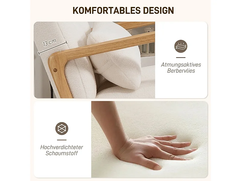 Schommelstoel met voetenbankje, bekleed met zacht fluweel, hout en schuim met hoge dichtheid, wit (82x64,5x99 cm)