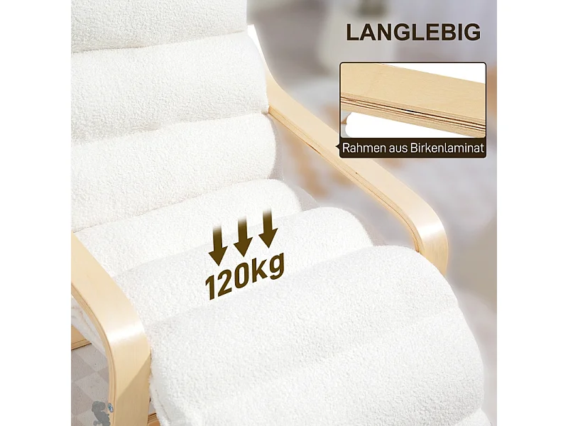 Fauteuil relax inclinable, housse en Sherpa doux, polyester, blanc, avec repose-pieds réglable (67x93-114x105 cm)