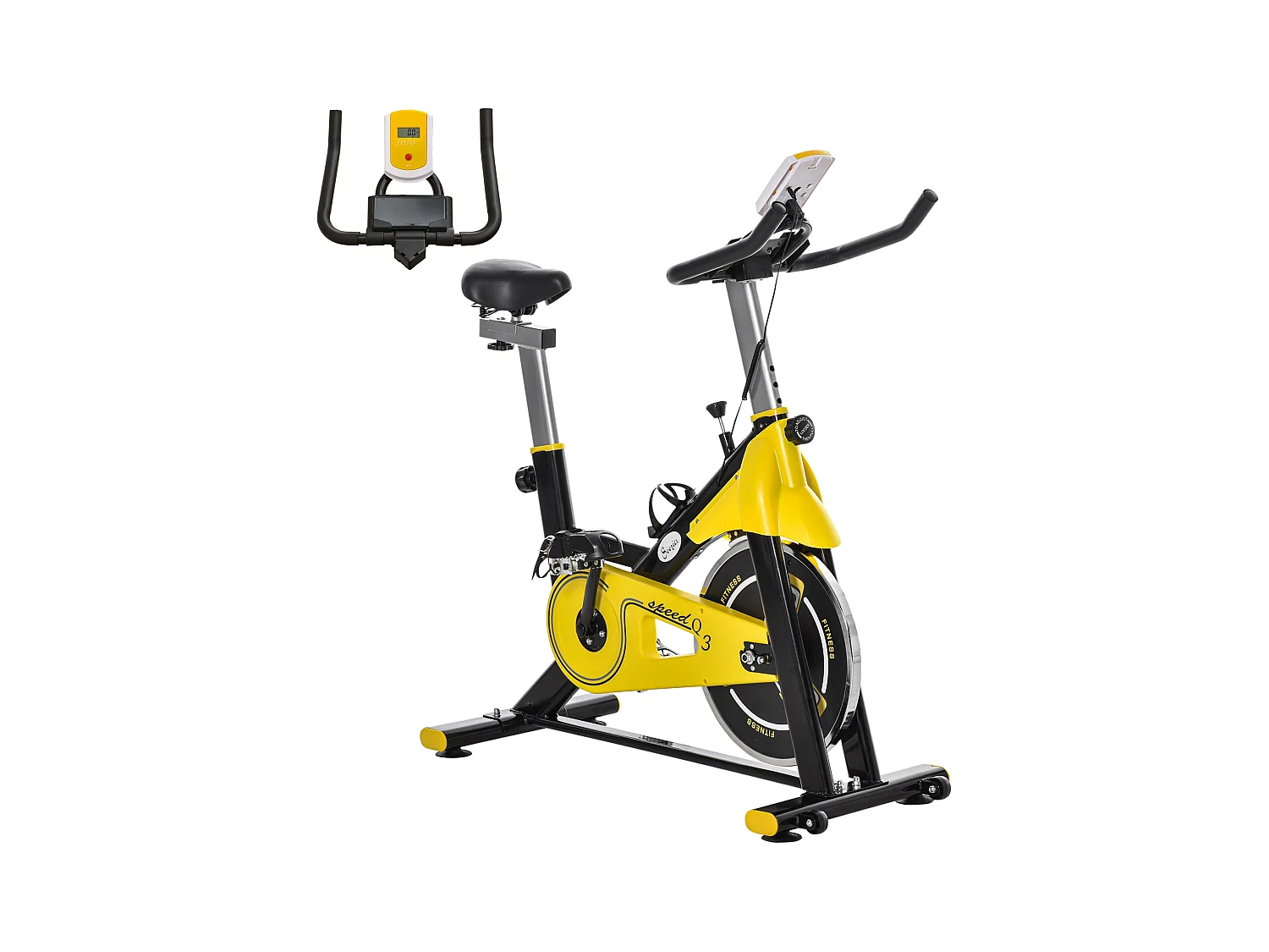 Vélo d'appartement réglable en hauteur avec transmission par courroie, écran LCD, acier et ABS, jaune (45.5x100x101-113cm)