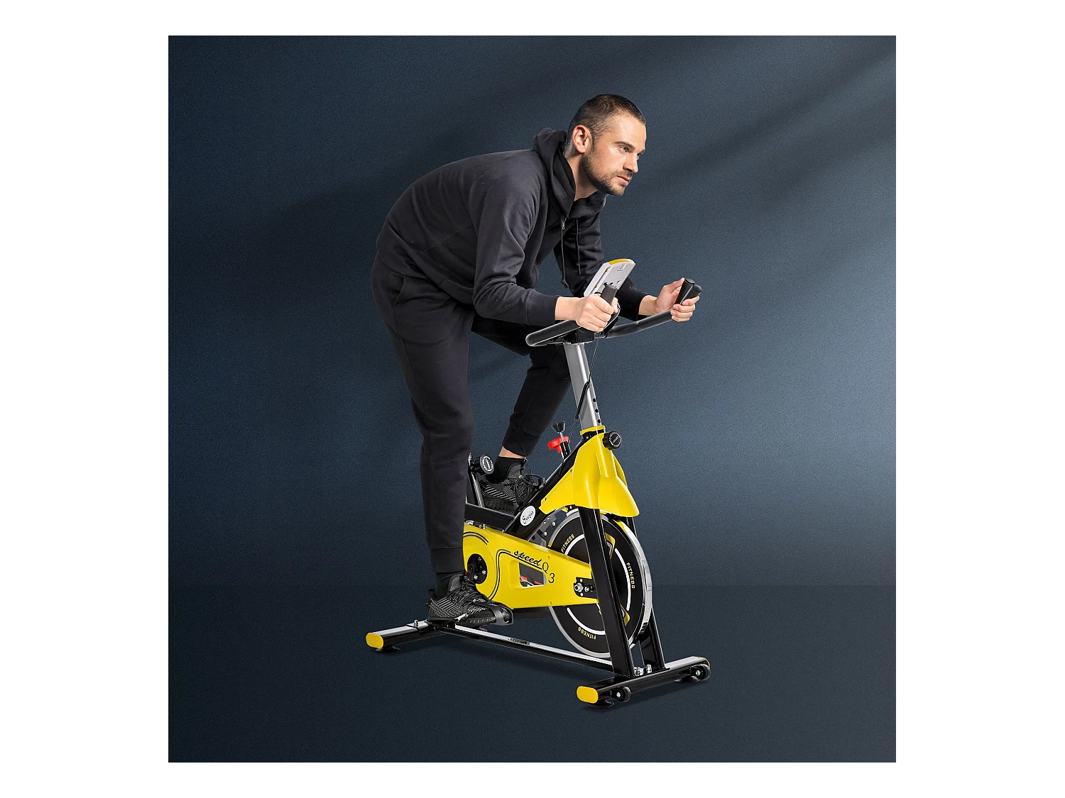 Vélo d'appartement réglable en hauteur avec transmission par courroie, écran LCD, acier et ABS, jaune (45.5x100x101-113cm)