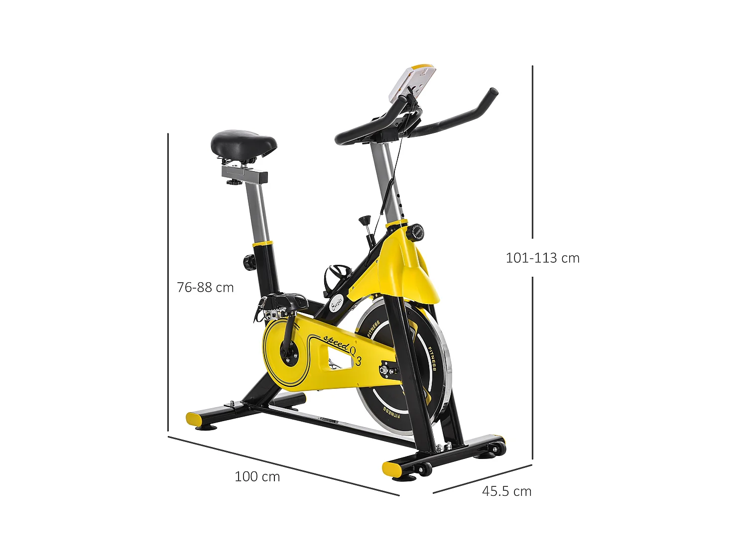 Vélo d'appartement réglable en hauteur avec transmission par courroie, écran LCD, acier et ABS, jaune (45.5x100x101-113cm)