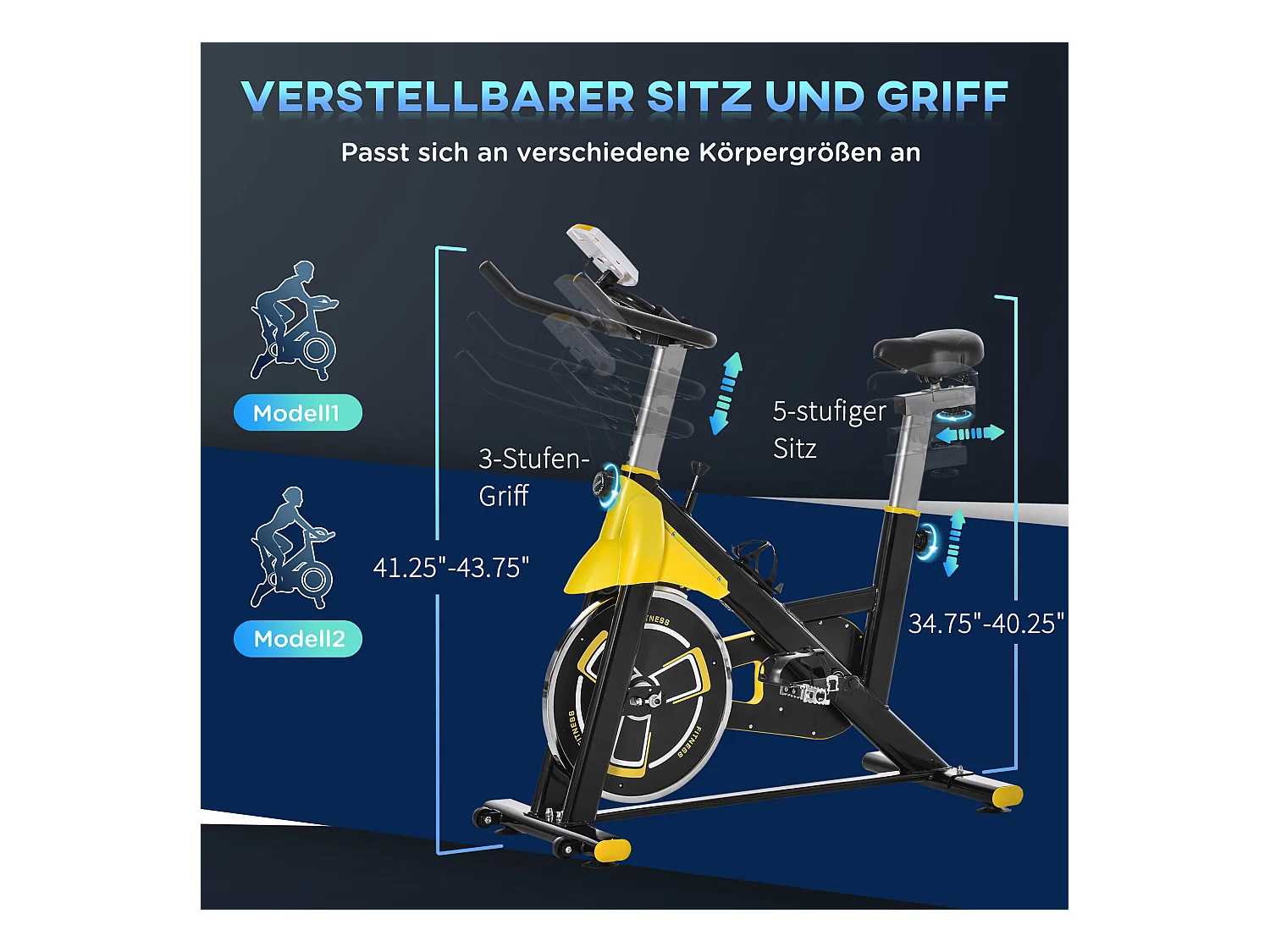 Vélo d'appartement réglable en hauteur avec transmission par courroie, écran LCD, acier et ABS, jaune (45.5x100x101-113cm)
