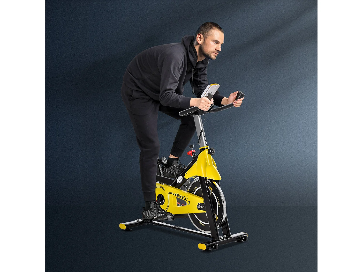 Vélo d'appartement réglable en hauteur avec transmission par courroie, écran LCD, acier et ABS, jaune (45.5x100x101-113cm)