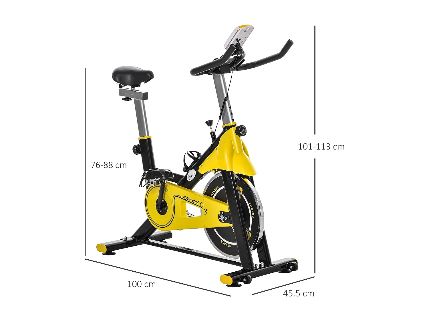 Vélo d'appartement réglable en hauteur avec transmission par courroie, écran LCD, acier et ABS, jaune (45.5x100x101-113cm)