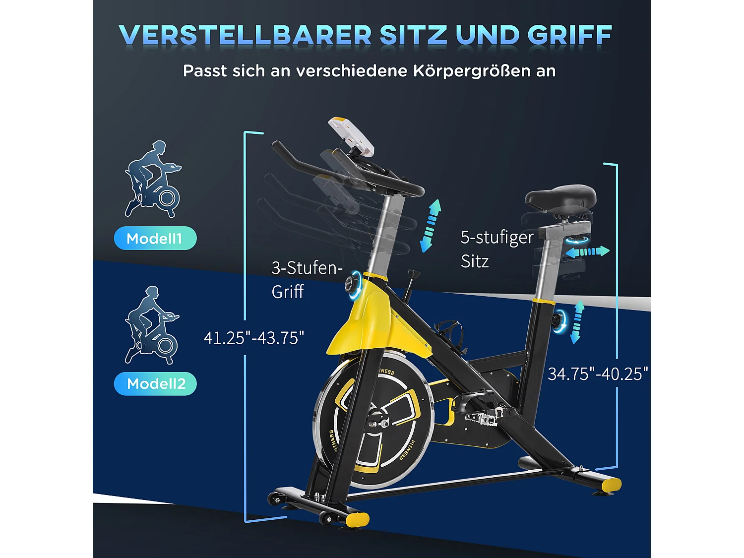 Vélo d'appartement réglable en hauteur avec transmission par courroie, écran LCD, acier et ABS, jaune (45.5x100x101-113cm)