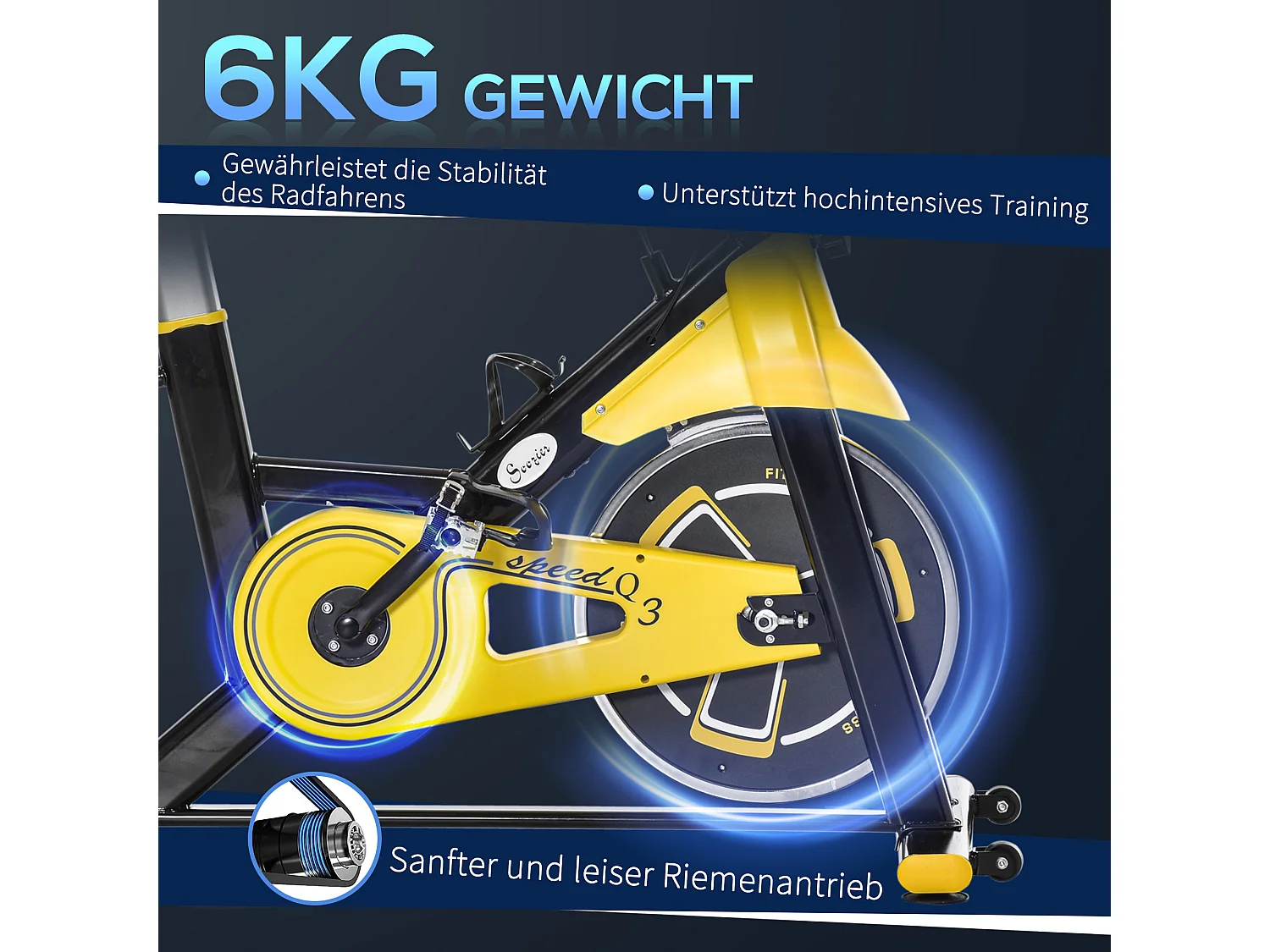 Vélo d'appartement réglable en hauteur avec transmission par courroie, écran LCD, acier et ABS, jaune (45.5x100x101-113cm)