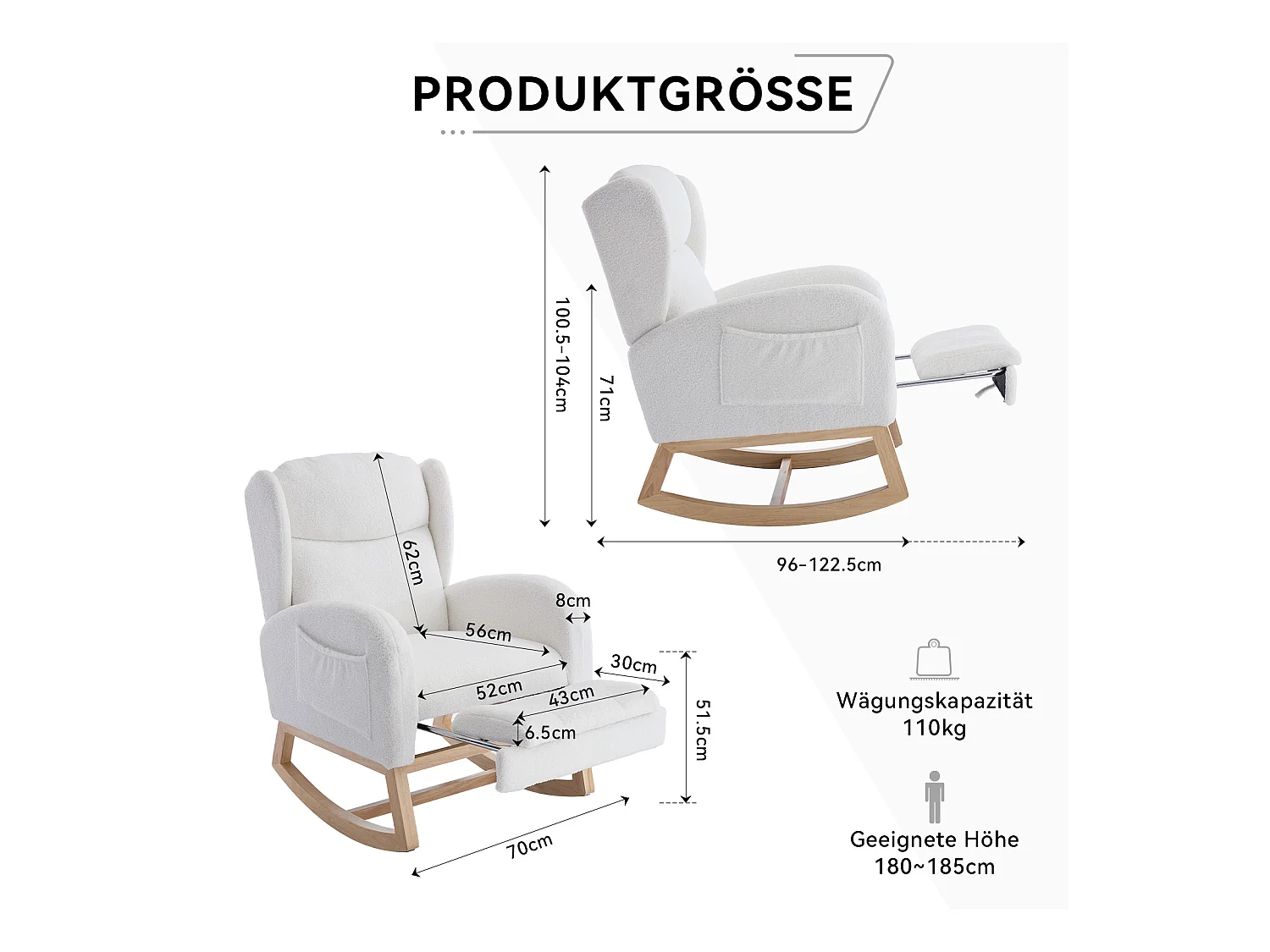 Fauteuil à bascule en tissu teddy, design ergonomique avec repose-pieds réglable, cadre en bois, blanc (122.5x70x104cm)