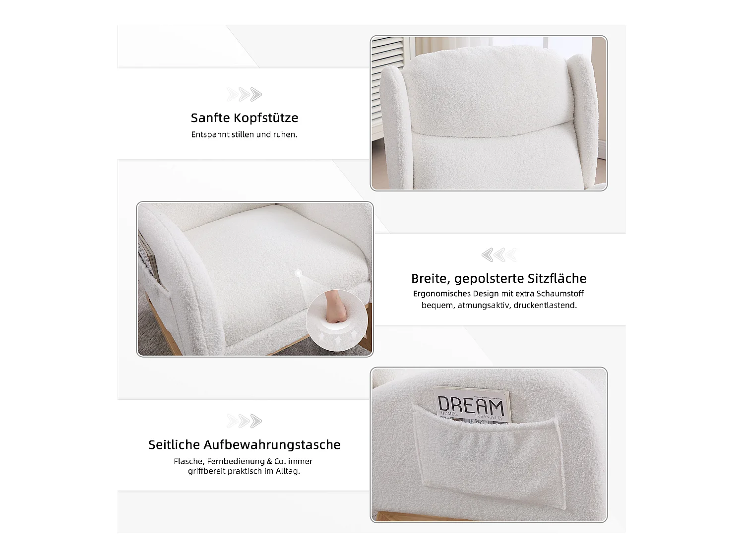 Fauteuil à bascule en tissu teddy, design ergonomique avec repose-pieds réglable, cadre en bois, blanc (122.5x70x104cm)