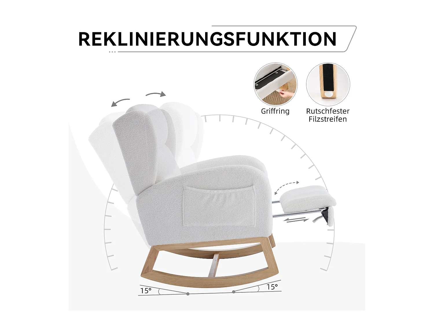 Fauteuil à bascule en tissu teddy, design ergonomique avec repose-pieds réglable, cadre en bois, blanc (122.5x70x104cm)