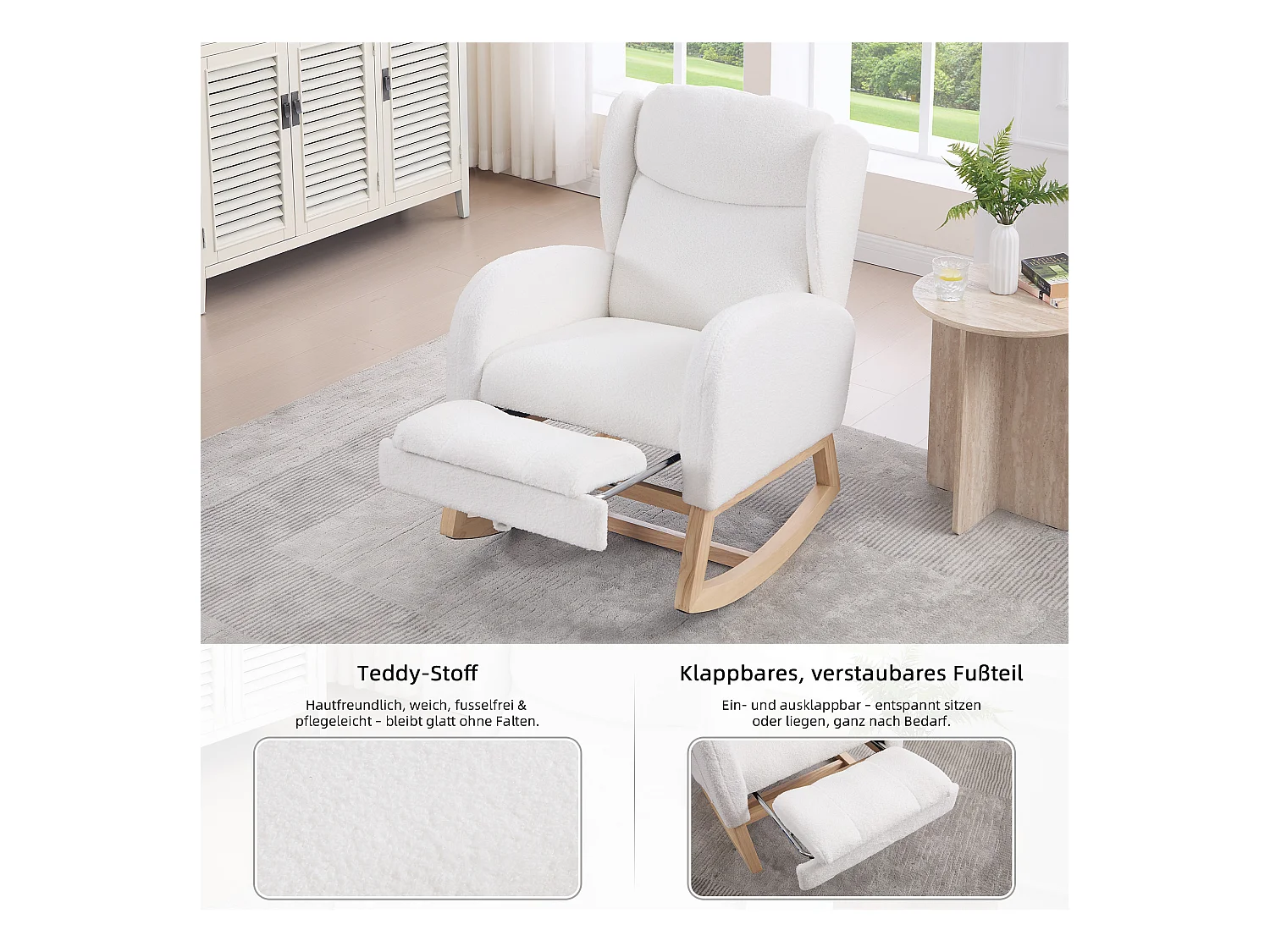 Fauteuil à bascule en tissu teddy, design ergonomique avec repose-pieds réglable, cadre en bois, blanc (122.5x70x104cm)